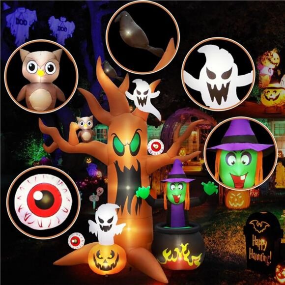8FT Halloween Inflatables Tree Outdoor Decor with Inflatable Ghost Witch - Picture 4 of 7